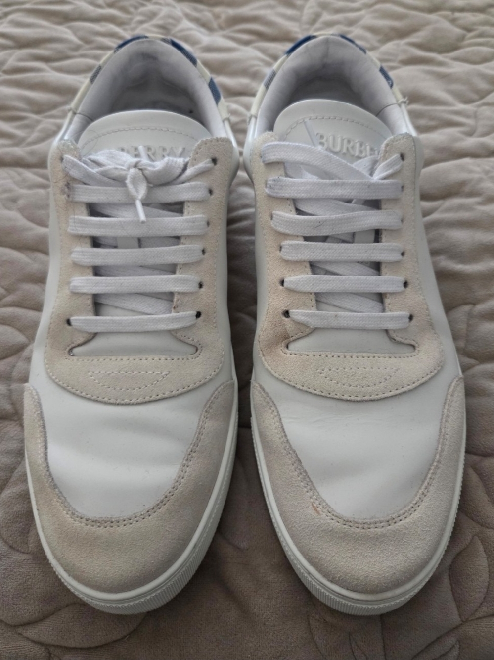Burberry Men’s White & Beige Suede-Trim Low-Top Sneakers